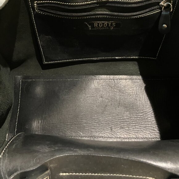 Last Chance VTG Roots Black Leather Short Handle Handbag with White Stitching - Picture 12 of 13